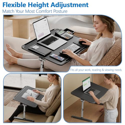 Potuopy Lap Desk Combo, Adjustable Foldable Bed Tray Table with Storage Drawer & Wood Grain Surface, Laptop Stand with Cushion, Wrist Pad, 2 Upgraded Mouse Pads, Tablet & Phone Slots, Supports 17" Lap