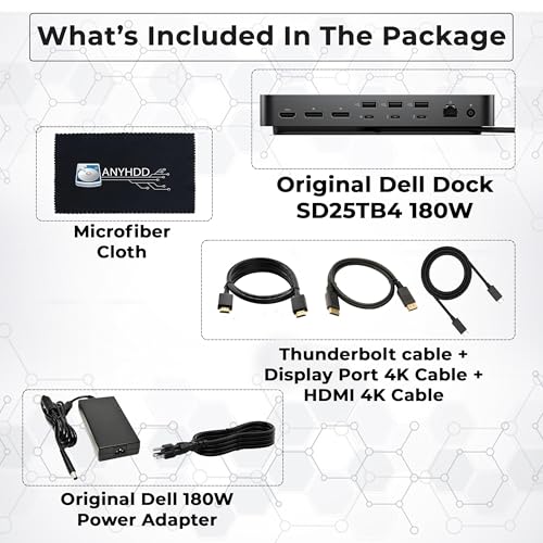 Dell SD25TB4 Pro Thunderbolt 4 Smart Dock - Supports 8k Display, 3 Years Warranty with 180W Adapter, HDMI, DisplayPort, Thunderbolt Cable, Cloth - USB C Docking Station Hub with Accessories