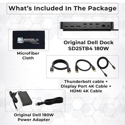 Dell SD25TB4 Pro Thunderbolt 4 Smart Dock - Supports 8k Display, 3 Years Warranty with 180W Adapter, HDMI, DisplayPort, Thunderbolt Cable, Cloth - USB C Docking Station Hub with Accessories