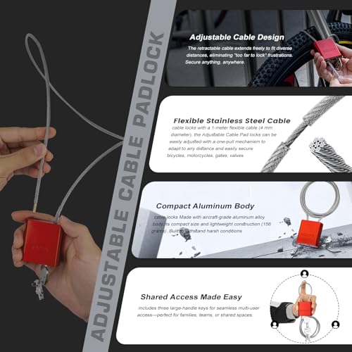 Cable Padlock with 3 Keys | L 1.15ft(0.35m),D 1/6in(4mm) Adjustable Steel Cable Lock | Aluminum Locks for Bikes, Gate, Lockers & Outdoor Gear | Weatherproof & Red - color: red-L 1.15ft(0.35m),D 1/6in(4mm)