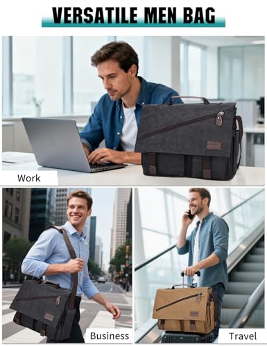 Messenger Bag for Men,Water Resistant Canvas Satchel 14 15.6 17 Inch Laptop Briefcases Business Shoulder Bag by RAVUO - color: 15.6 Inch-black