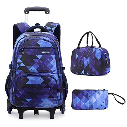 Mildame Geometric Print Rolling Backpack for School Boys Girls with Lunch Bag Teens Bookbag with Wheels Kids Trolley Bag Set, Six Wheels - color: Blue Set-6 Wheels