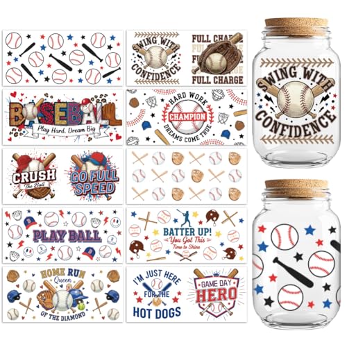 Peacoblue UV DTF Cup Wraps Transfer Stickers Baseball with Home Run Pattern, 10 Sheets Waterproof Custom Vinyl Transfer Sticker 16oz Coffee Glass Cup Tumbler Bottle Mug Decals for Men Women - style: Baseball with Home Run