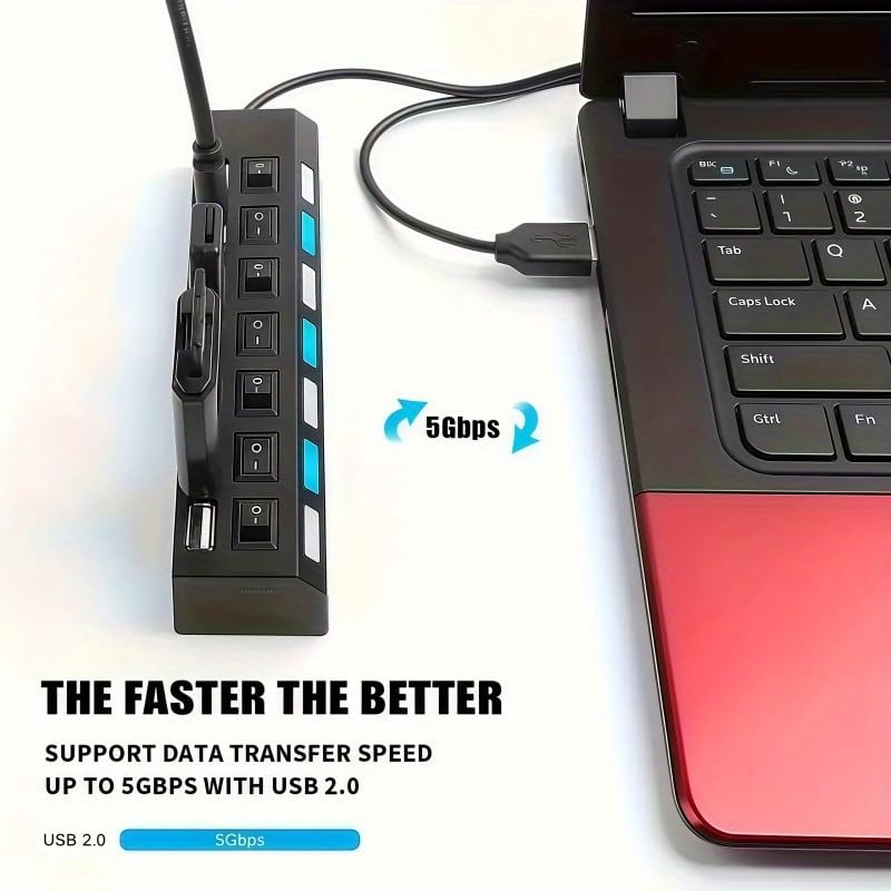 USB Hub, High Speed 7-Port Splitter with Individual LED Light Switches, Black, for PC and Laptop (Black-4in1) - color: Black-4in1