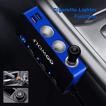 OOWOLF 7 in 1 180W Quick Charge 3.0 Cigarette Lighter Adapter, with Cigarette Lighter Function, for 12V-24V Car, 3-Socket Splitter, 4 USB Ports Car Power Adapter for GPS, Dash Cam, Phone, Tablet etc - color: BLACK-BLUE