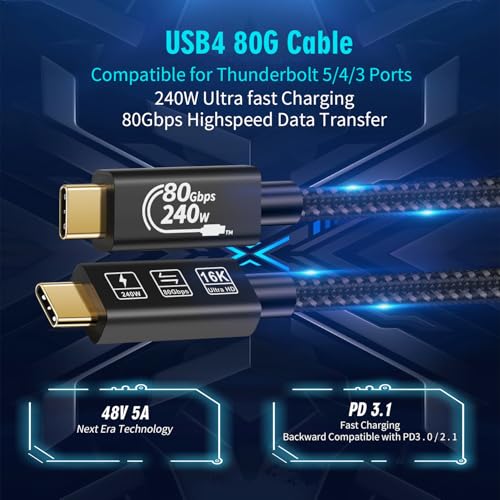 USB4 Cable, with Thunderbolt 5 Cable, 240 W Charging, 80 Gbps Data, gen4,16K@60Hz 4K120Hz HDR, USB C to USB C C, for Hub, Dock, M2, M3, SSD, Laptops, Monitor (TB5 80G 240W 1.5M) - size: TB5 80G 240W 1.5M