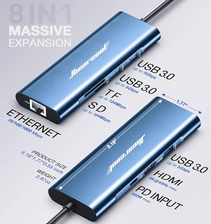 Hiearcool USB C Hub, 8in1 USB-C to 4K 60Hz HDMI Docking Station, USBC Ethernet Multi-Port Adapter 100W PD Dock Compatible for MacBook Pro Air M1 Dell HP Lenovo and Other C Devices-Midnight Blue - color: Midnight Blue