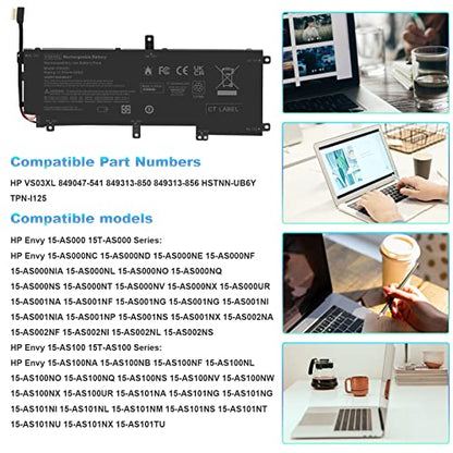 VS03XL VSO3XL Battery for HP Envy 15T-AS000 15T-AS100 CTO 15-AS 15-AS133CL X6V56UA 15-AS020NR 15-AS152NR 15-AS004LA 15-AS014WM HSTNN-UB6Y 849047-541 849313-850 3ICP7/61/80 849313-856 TPN-I125 - size: 8.98*3.31*0.28inch