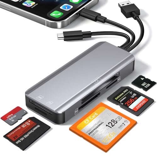 5-in-1 Multi Memory Card Reader,Aluminum SD/TF/CF/MS/M2/Cfast/Memory Stick Pro Duo/Micro SD Card Reader Adapter for i-Phone/i-Pad USB C and USB A Devices,No Application Required Plug and Play | Micro SD Card Reader Adapter for i-Phone/i-Pad USB C and USB