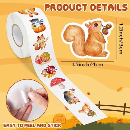 Haooryx Fall Animal Sticker Rolls - 1000Pcs Autumn Watercolor Forest Animal Stickers Self-Adhesive Vinyl Waterproof Thanksgiving Birthday Party Supplies Favor Gift Page Activity Pad Junk Journal Lover - style: Fall-Theme Animal 2Roll