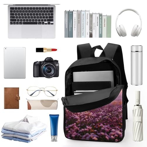 17 In Laptop Backpack Water Resistant Travel Backpack Black | Sunset And Flower Sea, Breathable Airflow Back Panel, Adjustable Ergonomic Shoulder Straps, Foam-Padded Top Carry Handle