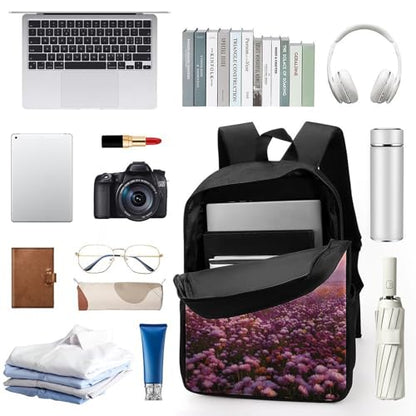 17 In Laptop Backpack Water Resistant Travel Backpack Black | Sunset And Flower Sea, Breathable Airflow Back Panel, Adjustable Ergonomic Shoulder Straps, Foam-Padded Top Carry Handle