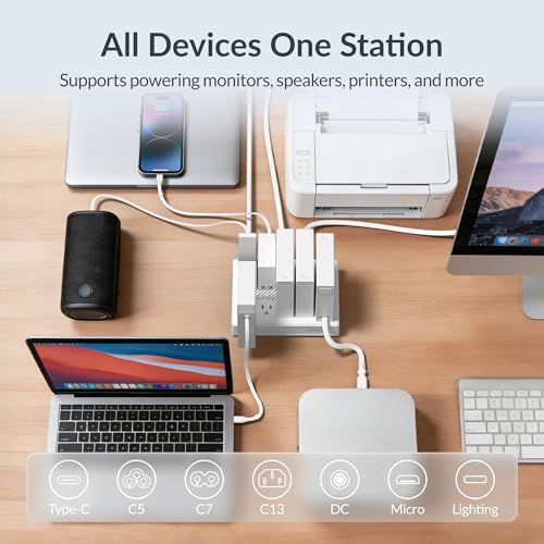 Gitryin Laptop Charging Station, 2 * 140W, 65W, 2 * 40W Retractable Lightning, USB C Chargers, 1 Lightning, 1 USB A, 8 Type C Ports with Cooling Power Strip, 425W Charging Hub