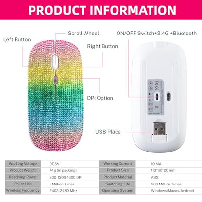 Bluetooth Mouse,Bling Dazzling 2.4GHz Rechargeable Wireless Mouse Slim with USB Receiver, Compatible with Notebook, PC, Laptop, Computer, MacBook,Great Gift idea for Her (Rainbow) - color: Rainbow