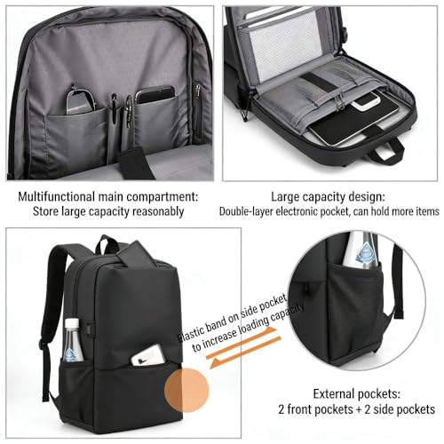 LINGYUE Business Travel Backpack With USB Charging Port, Durable Nylon Laptop Fits 15.6 Inch Notebook, Waterproof Resistant Anti-Theft Bag For Work School, Black(Gray)