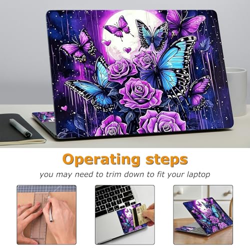 Universal Laptop Skin Sticker with 2 Wrist Pad Decals, 3-Piece Removable Vinyl Laptop Cover, Purple Rose Moon Waterproof Anti-Scratch, Easy-Trim Fit for 13.3" 14" 15.6" Laptops - color: Purple Rose Moon