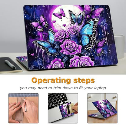 Universal Laptop Skin Sticker with 2 Wrist Pad Decals, 3-Piece Removable Vinyl Laptop Cover, Purple Rose Moon Waterproof Anti-Scratch, Easy-Trim Fit for 13.3" 14" 15.6" Laptops - color: Purple Rose Moon