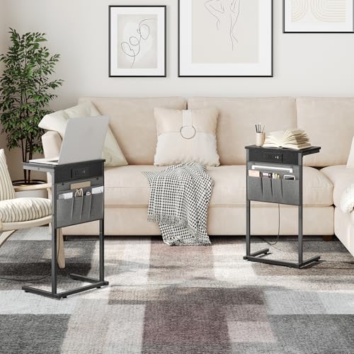 HOOBRO C Shaped End Table with Charging Station, 28" H Couch Side Table Slide Under, Sofa Arm Tray Table with Storage Bag for Living Room, Recliner, Black BB70USF01 - color: Black