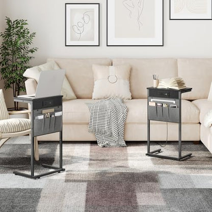 HOOBRO C Shaped End Table with Charging Station, 28" H Couch Side Table Slide Under, Sofa Arm Tray Table with Storage Bag for Living Room, Recliner, Black BB70USF01 - color: Black