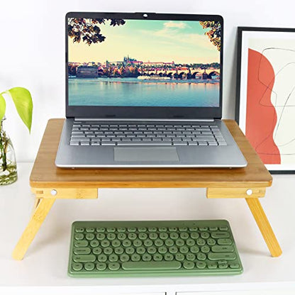 WKWKER 100% Bamboo Laptop Desk Flat Surface Lap Stand Table with Folding Legs Portable Table Bed Tray for Workstation Computer Writing Studio (Natural)