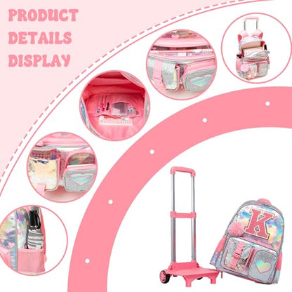 HTgroce Cute Rolling Backpack with Wheel,School Backpack for Kids Girl Roller Schoolbag Wheeled Backpacks Set Carry-on Luggage,Pink K - color: Pink, style: K