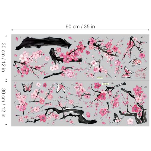 Pink Butterflies and Botanical Plum Blossom Trees Wall Stickers Vinyl Wall Decals for Nursery Bedroom Living Room Bathroom - color: Pink Plum