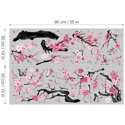 Pink Butterflies and Botanical Plum Blossom Trees Wall Stickers Vinyl Wall Decals for Nursery Bedroom Living Room Bathroom - color: Pink Plum