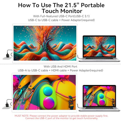 Prechen 21.5 Inch Portable Touchscreen Monitor, 1080P Computer Touch Screen w/VESA Stand Touch PC Display, 75Hz, Multi-Touch Monitor, DC HDMI & USBC for Phones PC Phone Business,White