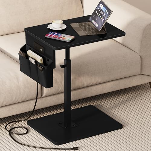 Vagusicc Sofa Armrest Tray Table for Couch - 360° Swivel Height Adjustable Side Table for Small Spaces, Snack Side Table for Bed or Chair, C Shaped End Table Snack Table for Eating Dinner Laptop - color: Black, style: With Plug+Storage Bag