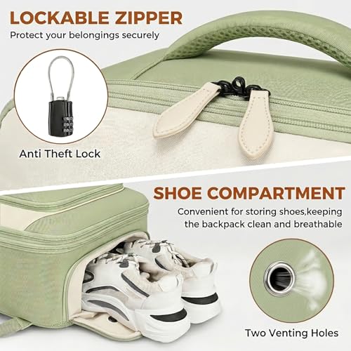 Vancropak Carry on Backpack for Airplane, Travel Backpack Fits 17.3" Laptop | Shoe Compartment, 3 Packing Cubes, 18x14x8 Travel Backpack, 40L Expandable Suitcase, Lightweight Anti Theft Weekender Bag - color: Green
