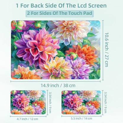 Universal Laptop Skin Decal, 3-Piece Vinyl Protector for 12 13 14 15.6" Notebook, Waterproof Anti-Scratch, Easy Trim & Bubble-Free Finish, Dahlia and Peony Flowers - color: Dahlia and Peony Flowers