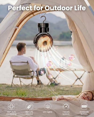 Clip On Fan, Rechargeable Battery Operated Fan with 360° Auto Oscillation, Portable USB Table Fan with Remote, LED Light & Hook, 6-22H Quiet Desk Fan for Stroller, Camping, Office, White