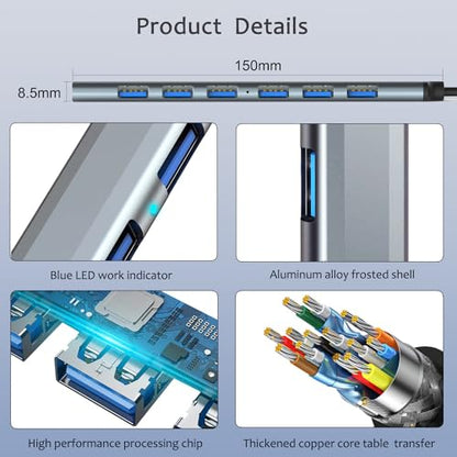 7 Port USB 3.0 Hub, Aluminium USB Splitter & Extender for Laptop, PC, iMac, USB Flash Drives, Mobile HDD, Printer, Camera & More
