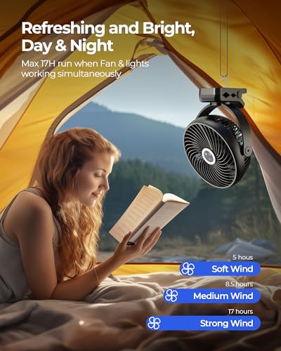 Xasla 10000mAh Portable Clip On Fan With Light, 8 in, Rechargeable Battery | 24H Long-last, Digital Display, 3 Speeds, 360° Rotate, Ideal USB Fan for Golf Cart, Outdoor Camping, Travel, Home, Office,Gym - color: Grey