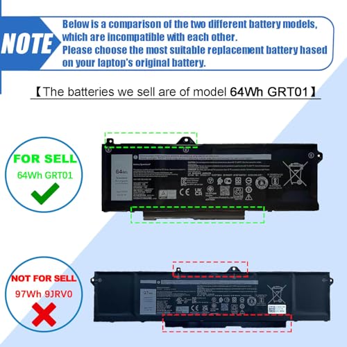 GRT01 64Wh Laptop Battery Replacement for Dell Latitude 14 5421 5431 15 5521 5531 Precision 3470 3561 3571 Alienware m17 R5 AMD Series R05P0 00P3TJ 0P3TJ VXD57 05RGW 15.2V 4-Cell - size: 9.20*3.52*0.29 inch GRT01