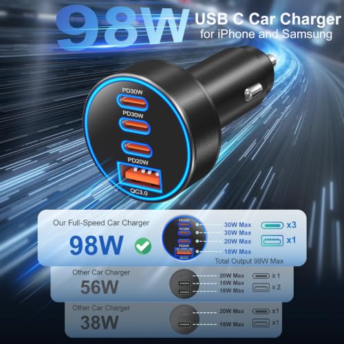 98W Car Charger USB C Fast Charge, 2 Pack 4-Port Fast Car Phone Charger | [4 in 1] Dual PD30W+PD20W+QC18W,3 USB-C & USB-A Cigarette Lighter USB Charger Adapter for iPhone 17 16 15 Pro Max,iPad,Galaxy - color: Black
