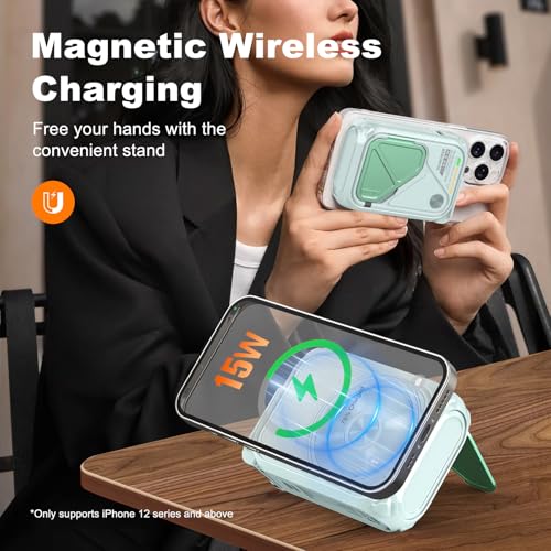 SEANCHEER P05 Portable Charger, Magnetic Power Bank, Small PowerBank, Battery Pack10000mAh Travel Essentials Fast Charging with Built in Cable, Foldable Wall Plug for iPhone,Samsung,Andriod (Green) - color: Green