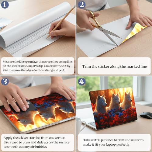 Universal Laptop Skin Sticker Decal,15.6 Inch Laptop Vinyl Cover for 13" 14" 15.6" Laptop,Scratch-Resistant Waterproof Protector Wrap,Reusable with Wrist Pads,White Wolves Blossoms - color: White Wolves Blossoms