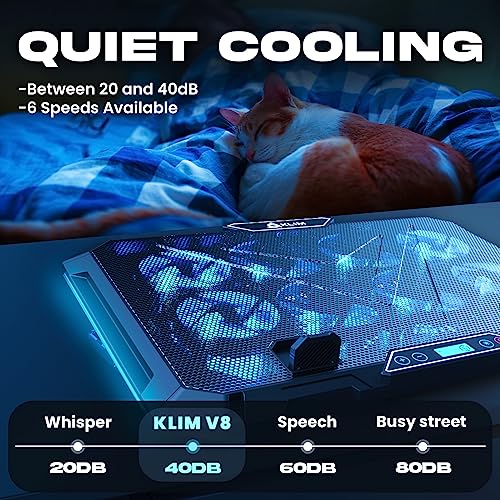 KLIM V8 Gaming Laptop Cooling Pad with 8 Fans + New Version + Gaming Laptop Cooler + Stable RGB Laptop Stand with Fan + Compatible up to 17" + 2 USB Ports + Phone Holder + 5 Year Assurance | Adjustable tilt angle - integrated mobile phone holder - 5 year