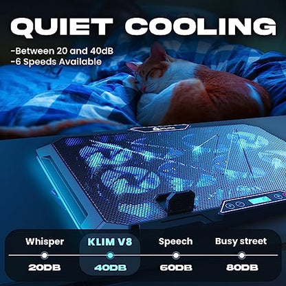 KLIM V8 Gaming Laptop Cooling Pad with 8 Fans + New Version + Gaming Laptop Cooler + Stable RGB Laptop Stand with Fan + Compatible up to 17" + 2 USB Ports + Phone Holder + 5 Year Assurance | Adjustable tilt angle - integrated mobile phone holder - 5 year