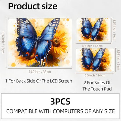 Blue Butterfly on Sunflowers Universal Laptop Skin Sticker 3PCS,Protective Decal Trim-to-Fit 11.6" 13.3" 14" 15.6" Laptop Vinyl Cover,Removable Anti-Scratch Computer Decal Protector - color: Blue Butterfly on Sunflowers