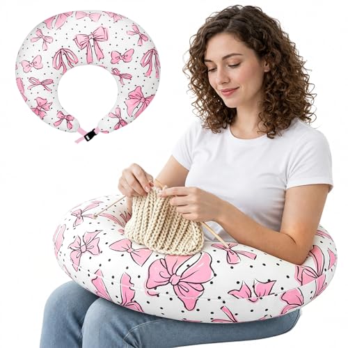 Ergonomic U-Shaped Gaming & Lap Pillow for Crocheting - Cute Pink Bow Crochet Pillow with Elbow & Arm Support, Lap Desk Pillows for Reading, Playing or Crocheting, Suitable for Adults - color: Pink Bow