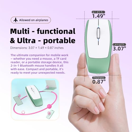 FMOUSE Ultra-Compact 2-in-1 Wireless Bluetooth Mouse & TF Card Reader - Includes 8GB TF Card, 3.07×1.49×0.87in / 30g, USB-C Rechargeable, for MacBook iPad Laptop Chromebook, Travel Business, Green - color: Green / With 8GB TF Card