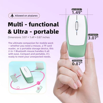 FMOUSE Ultra-Compact 2-in-1 Wireless Bluetooth Mouse & TF Card Reader - Includes 8GB TF Card, 3.07×1.49×0.87in / 30g, USB-C Rechargeable, for MacBook iPad Laptop Chromebook, Travel Business, Green - color: Green / With 8GB TF Card