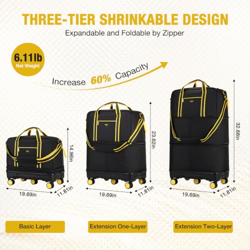 Rolling Duffle Bag with Detachable Wheels, Large Capacity Expandable Foldable Suitcase for Travel,Collapsible Luggage Carry on Duffel Overnight Weekend Bags - color: Yellow
