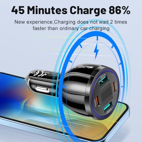 USB C Car Phone Charger Adapter with Voltmeter Compatible with iPhone 16 15 14 13 12 11, Android, Samsung, 100W 4 in 1 Multi-Port Fast Charging Cigarette Lighter USB Charger (Black) - color: Black