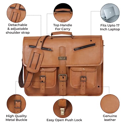 Leather Messenger Bag for Men and Women 18 Inch | Best Laptop Briefcase Satchel Computer Bag with Adjustable Strap - color: Tan
