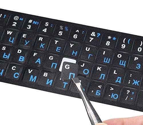 2PCS Russian Keyboard Stickers, Cyrillic Keyboard Letter Stickers Black Background with Blue/White Lettering, Keyboard Letters Sticker for Notebook Laptop Desktop Computer Keyboards - color: Russian-black/Blue