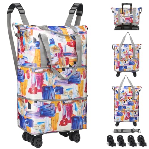 VOOWO Duffel Bag with Wheels - Rolling Foldable Expandable Duffle Bag with Wheels for Travel, Rolling Luggage Carry On Bag with Wheels, Large Rolling Backpack Weekend Bags for Men Women (Gray) - color: Geometry
