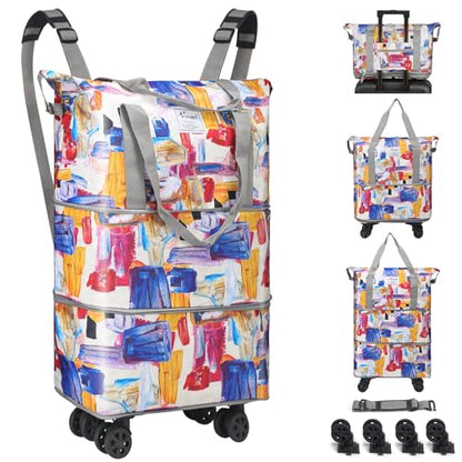 VOOWO Duffel Bag with Wheels - Rolling Foldable Expandable Duffle Bag with Wheels for Travel, Rolling Luggage Carry On Bag with Wheels, Large Rolling Backpack Weekend Bags for Men Women (Gray) - color: Geometry